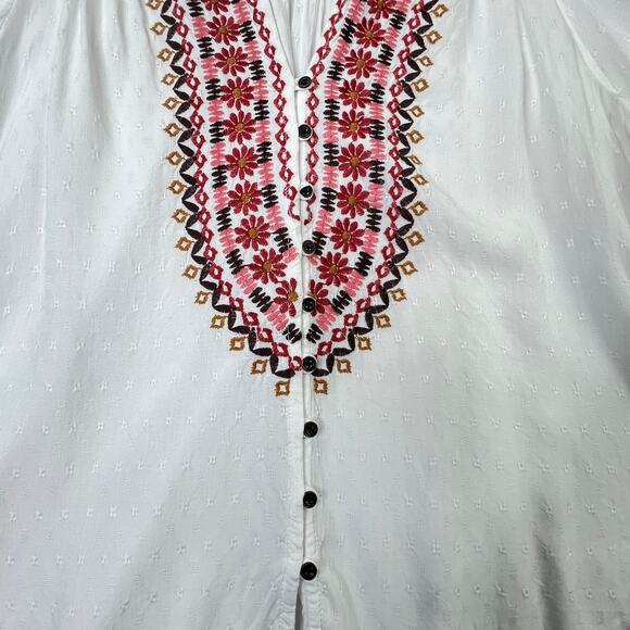 Knox Rose Embroidered Bohemian Style White Top 3/4 Sleeve V-neck Button Front, M - Picture 5 of 11
